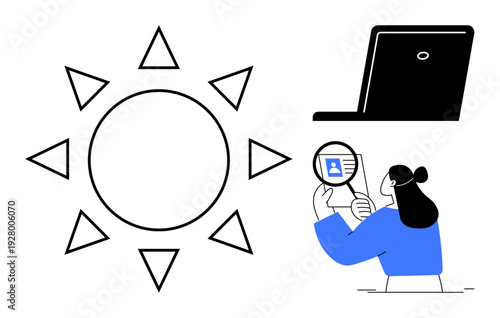 Digital identity verification. A person examines details with a magnifying glass, emphasizing digital security. Identity verification is key for safe online interactions and digital processes. Useful