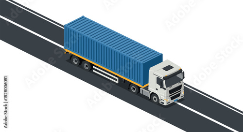 isometric container truck driving on highway flat vector illustration for logistics and transportation