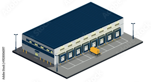 isometric warehouse building with loading docks and delivery truck modern vector illustration