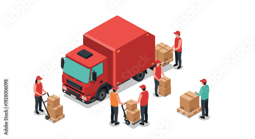 isometric delivery truck with workers handling packages hand drawn logistics and shipping illustration