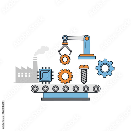 Industrial factory assembly line with robotic arm and components