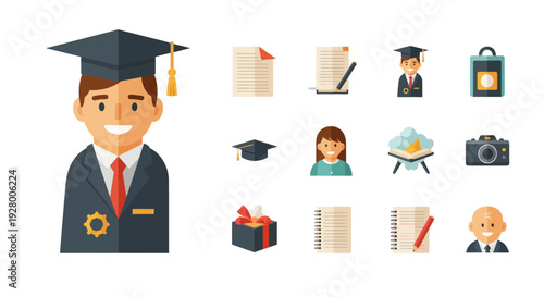 Cheerful Graduate with Academic Icons and Symbols of Achievement.