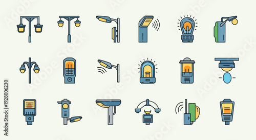 A collection of colorful line art icons depicting various streetlights lampposts and smart outdoor lighting fixtures.