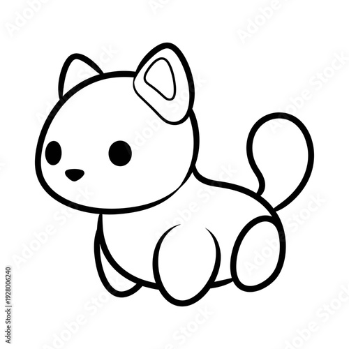 Cute cartoon cat sitting and looking left with big eyes and floppy ears on white background