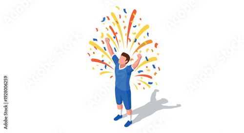 man in sportswear celebrating victory with colorful confetti explosion isometric style