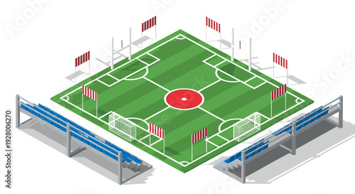 isometric rugby field with goalposts stands and striped corner flags in bright flat style