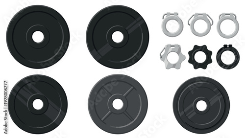set of realistic weight plates and collars for gym barbell equipment in vector style