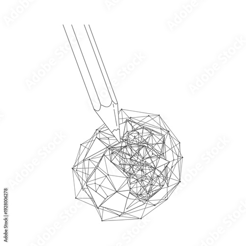 Wireframe sphere being manipulated with a tool on a plain white background