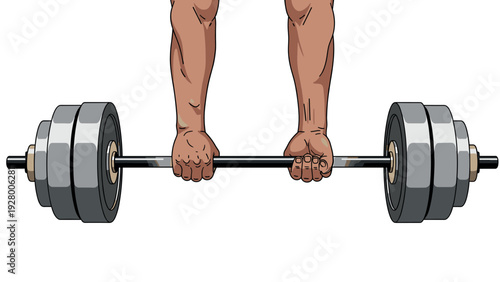 muscular hands gripping a heavy barbell with weight plates hand drawn illustration for fitness and strength training