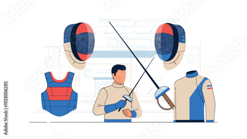 fencing equipment with hand drawn style including masks, protective vests, jackets, and swords for sport training and competition