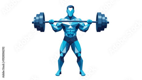 muscular man lifting barbell geometric vector illustration blue low poly style fitness and workout