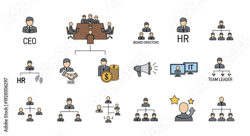 Business organizational chart icons and illustrations.