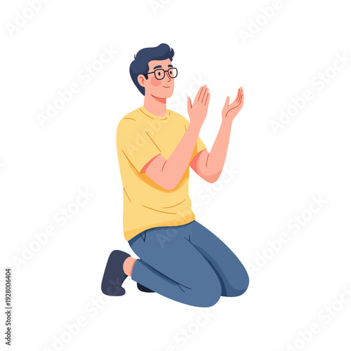 Man kneeling with hands raised in prayer or worship pose  