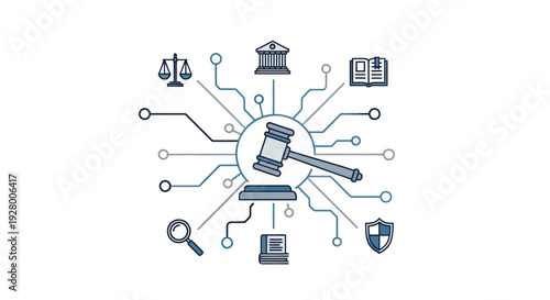 Digital legal system with gavel, scales, books, and shield
