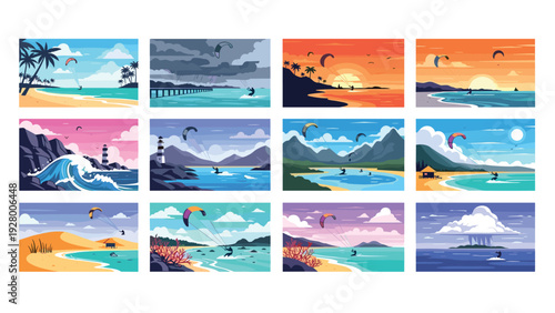 kitesurfing beach scenes set with colorful landscapes and seaside activities in hand drawn style