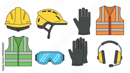 set of hand drawn construction safety equipment including helmets vests gloves goggles and ear protection
