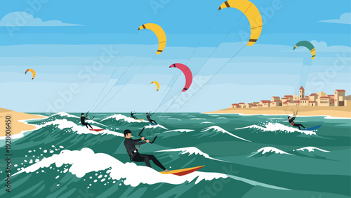 group of kite surfers riding waves on the ocean near beach town illustration