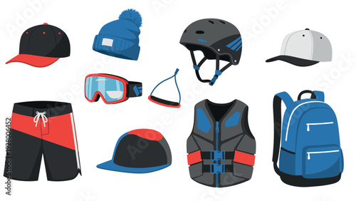 collection of water sports gear and accessories including helmets goggles life vest shorts and caps in flat style