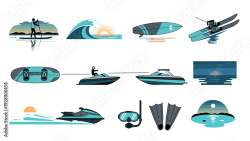water sports equipment and activities hand drawn icons set including paddleboarding surfing skiing boating jet skiing snorkeling sunset scenes