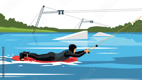 person wakeboarding lying down on red board in water cable wake park hand drawn illustration
