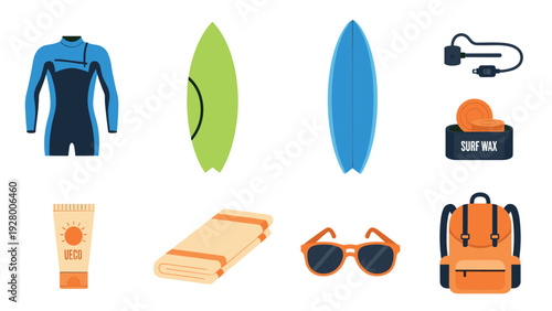 collection of colorful beach and surfing gear icons including wetsuit surfboards leash surf wax sunscreen towel sunglasses and backpack flat design