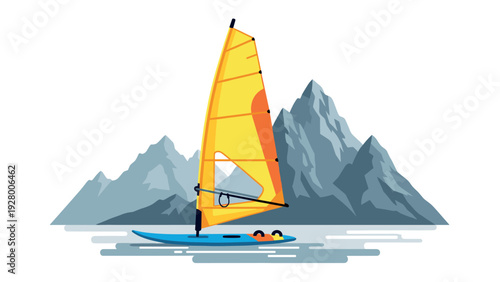 colorful windsurfing board with yellow sail on water with mountains background flat illustration