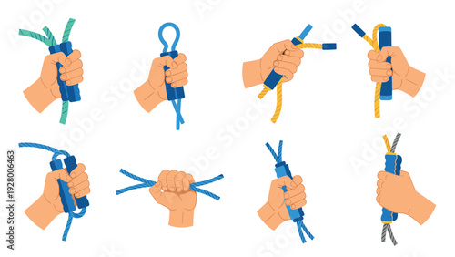 hands holding jump rope with different grips flat hand drawn icons set for fitness and exercise illustration