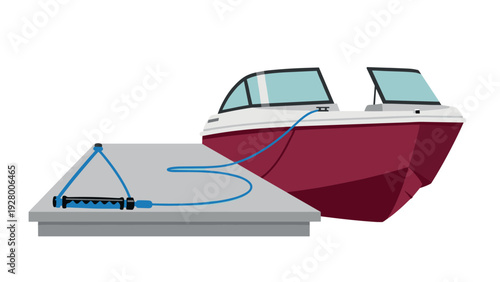 red and white speedboat tied to dock with blue rope in flat illustration style