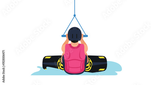 person wakeboarding wearing helmet and life vest holding handle flat vector illustration