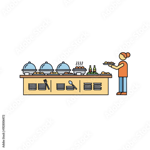 Flat design illustration of person getting food at buffet