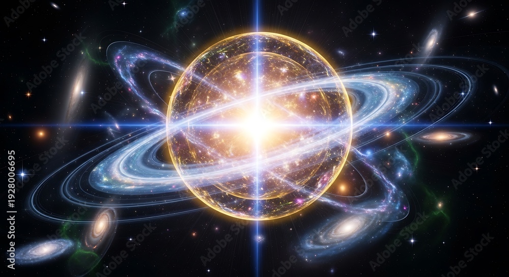 Obraz premium Brilliant cosmic sphere radiates intense light surrounded by swirling galaxy systems in deep space