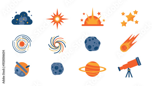 colorful space icon set with planets stars telescope and cosmic elements in flat style for astronomy design