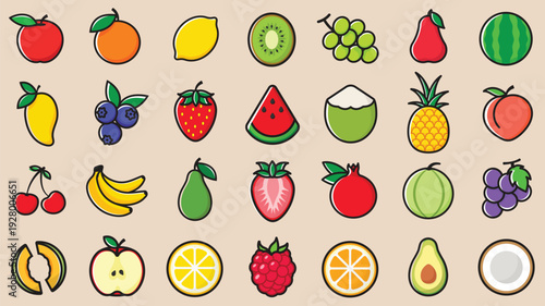 Colorful Assorted Fruits Icon Set