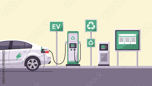 electric car charging station with ev and recycling signs flat illustration