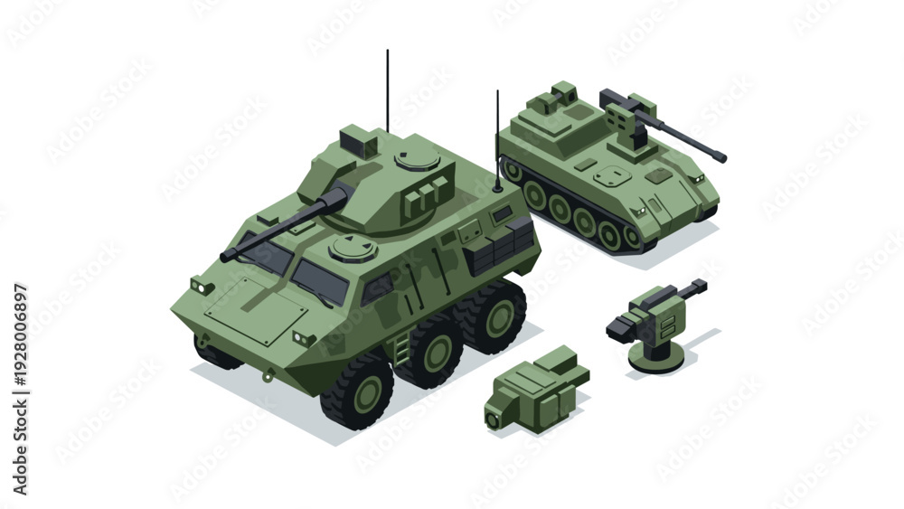 Fototapeta premium isometric military armored vehicles and weapon systems set in flat style for defense and combat design