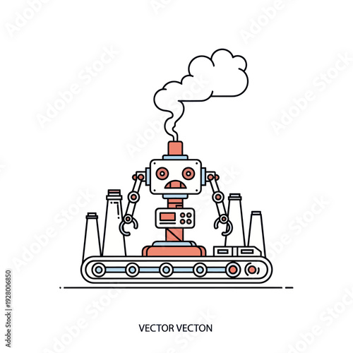 Industrial robot on conveyor belt with chimneys emitting smoke