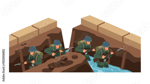 four soldiers in trench warfare holding rifles walking through water in flat vector style