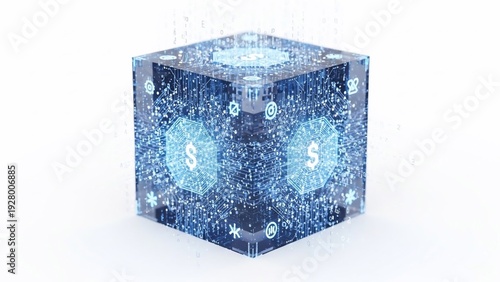 Blue Cube with Dollar Signs and Particles.