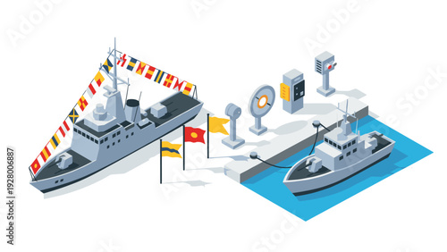 two modern military ships docked at a pier with signal flags and radar equipment in isometric style