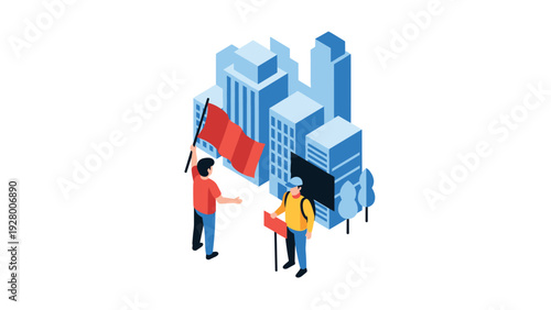 isometric people holding flags protesting in cityscape modern vector illustration