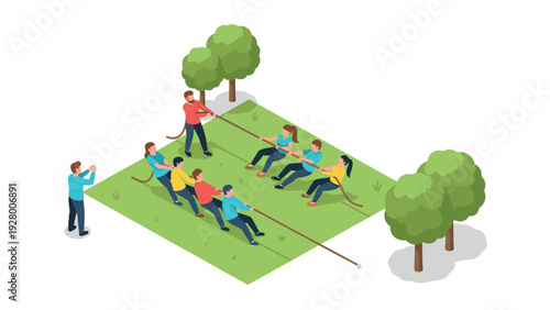 people playing tug of war on grass field with referee in isometric style teamwork concept