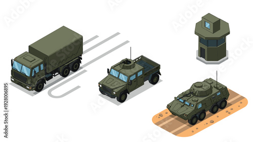 isometric military vehicles and watchtower set with armored truck pickup and guard post in flat style