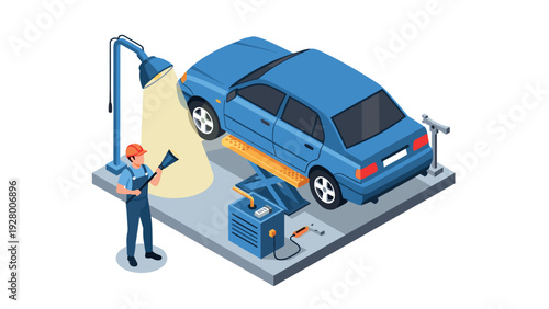 car repair service mechanic lifting blue car on hydraulic lift in workshop isometric illustration