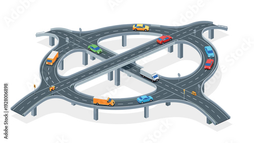 isometric highway interchange with multiple elevated roads and vehicles in flat style