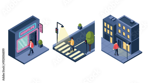isometric city elements set with nightlife cafe pedestrian crossing and urban buildings in modern style