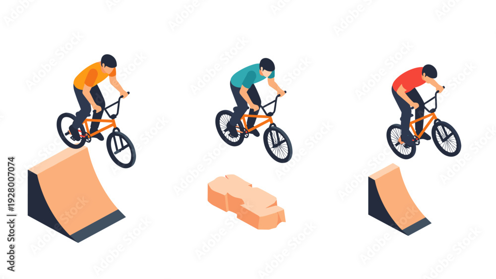 Naklejka premium three BMX bikers performing jumps on ramps and obstacles isometric illustration