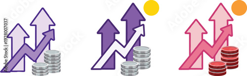 Financial growth arrow chart with stacked coins, business profit increase concept, revenue investment success vector illustration set