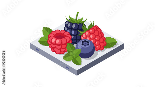 fresh mixed berries including raspberry blackberry and blueberry with green leaves isometric vector illustration