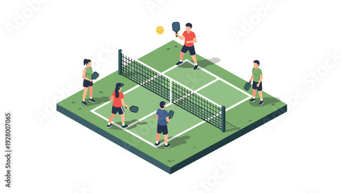 people playing pickleball on court isometric illustration with paddles and ball