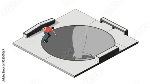 skateboarder performing a trick at a skatepark bowl in a hand drawn flat style for sports and leisure illustration